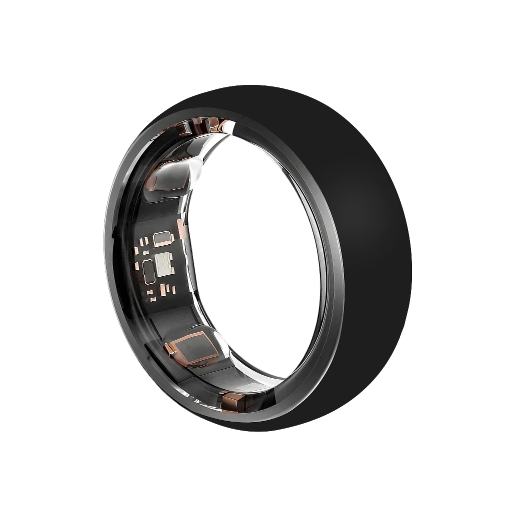 Smart ring wearable with internal health-tracking sensors floating above display platform